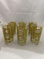Hazel Atlas Americana Highball Tumblers Set 7 Mustard Gold Glasses 1950s