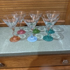 Vintage Libby Martini Glasses «Z» Stem Pink Orange Blue Green 2 Aqua Set of 6