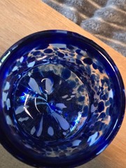 Hand Blown Art Glass Wine Goblet Blue White Confetti Design 8″
