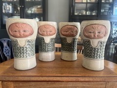 Vintage 4 Stoneware UCTCI Pottery Tumblers 3-D Baby Face Made in Japan 5″ tall