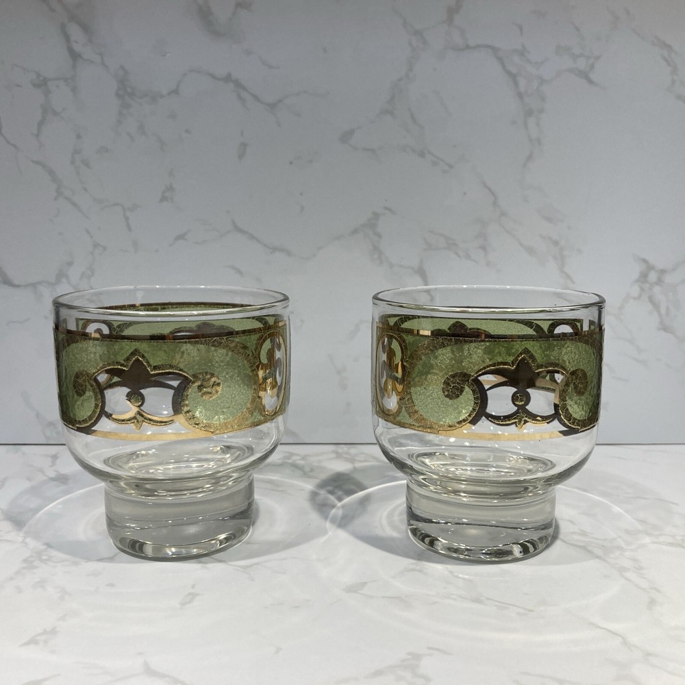 2 Vtg MCM STARLYTE 22K Gold Frosted Green Footed Cocktail Glass Culver Style
