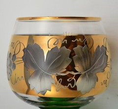 VINTAGE ROEMER GERMANY LARGE ETCHED GOBLET GLASS GREEN CLEAR GOLD