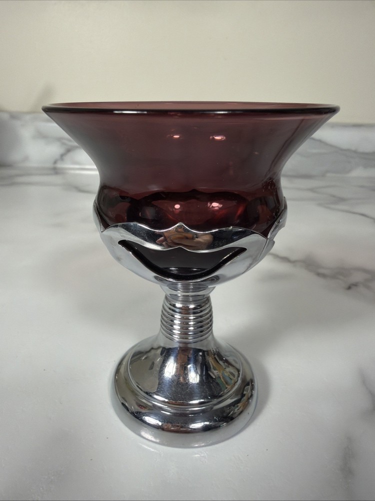 Vintage Farber Brothers Amethyst Cordial Glass 4” with Silver Chrome Stem