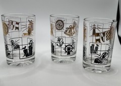 Set Of 4 Juice Glasses Nautical Theme in Gold Black 3-3/4″ T 2-3/8”