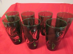7 Vintage Anchor Hocking Forest Green w/gold leaf scroll Iced tea glass 6″x3″