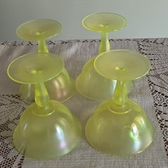 Set of 4 Fenton Yellow Topaz Vaseline Stretch Glass Sherbet Glow Glasses