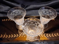 3 Antique/Vintage Optic Footed Arabesque Needlepoint Etch Cordial Glasses Set