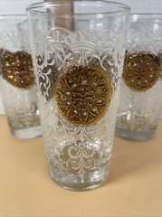 4 Libbey Regency Gold Medallion & White Embossed Crown MCM Tall Glass Tumblers
