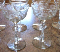 2 VTG Libbey Rock Sharpe Halifax Crystal Etched Floral Champagne Glasses 3005