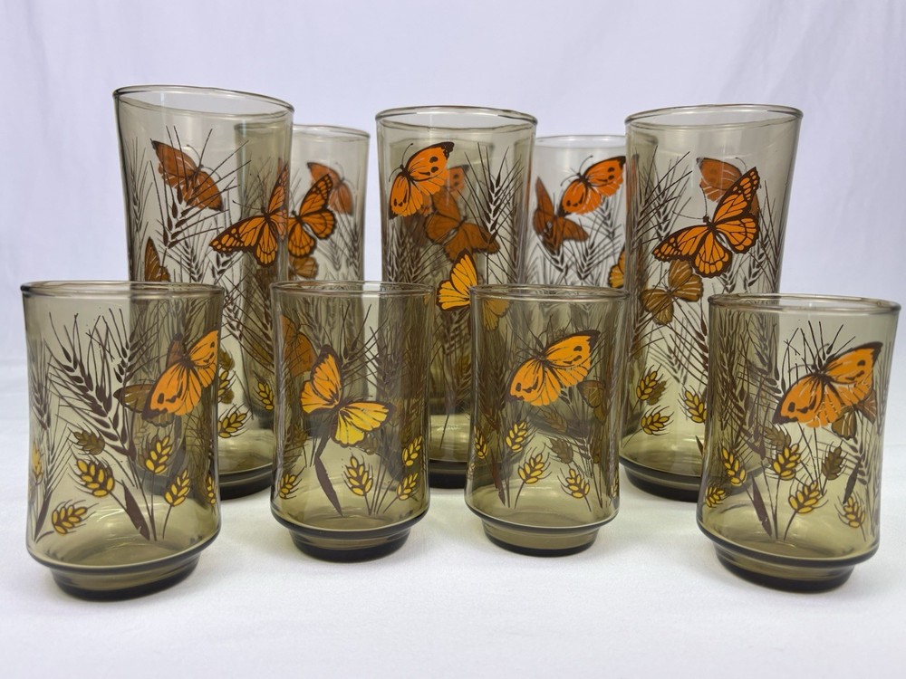 VTG Libbey Tawny Garden Party Tumblers Set of 10 Butterfly Wheat Amber Glass