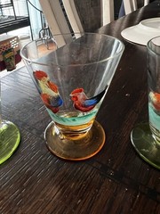 Antique Cordials Set Of 3 Hand painted Rooster Colored Base