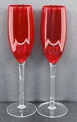 VTG Ruby Red Glass Champagne Flutes Clear Stem Hand Blown Modern Luxury Set