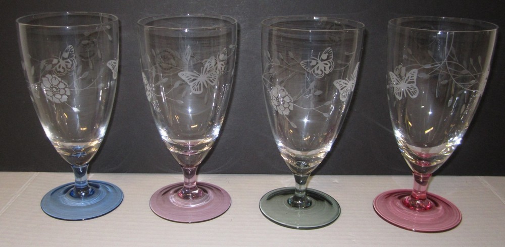 Lenox Butterfly Meadow Etched All Purpose 7″ Glass Goblets Colored Base 4 pc