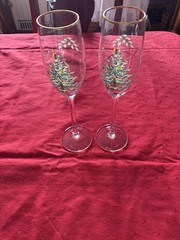 Spode Christmas Tree Champagne Flutes Gold Rimmed 10.25” Tall Set of 2 Glasses