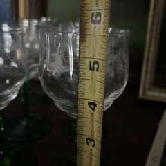 Set of 6 Tiffin Glasses with Etched Designs & Dark Green Uranium Stems Vintage