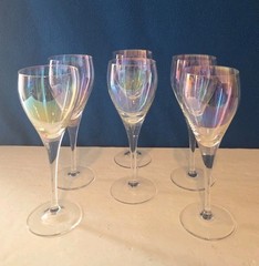 Vtg Set of 6 Iridescent Glasses Wine 7″ Hand Blown Rainbow Iris Lustre…