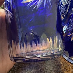 5 Cobalt Blue Cut To Clear Hobstar 4” Tumbler Hand Blown