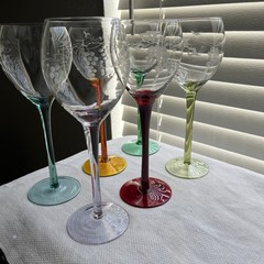 6 Vintage Etched Glass Wine Glasses With Different Color Stems Beautiful