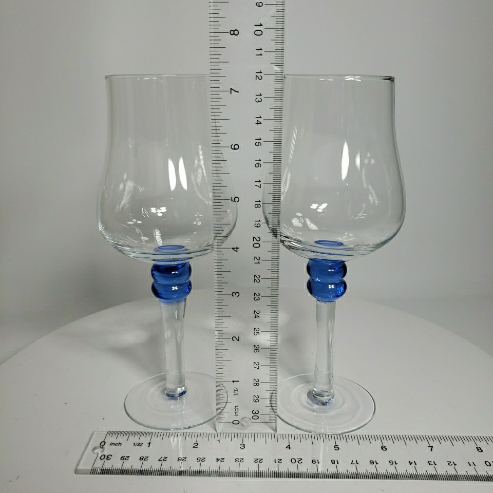 Vtg Lenox Crystal Wine Glasses, Clear Tulip with 2 Blue Bubbles «Balls» on Stem