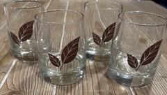 Vintage MCM Set of 4 Clear Glass Lowball Tumblers Brown Autumn Leaves Design