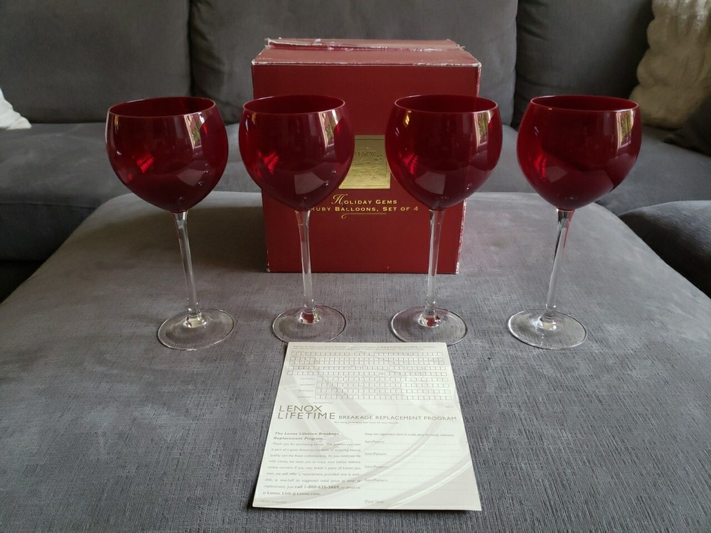Lenox HOLIDAY GEMS RUBY BALLOONS 10oz Crystal Wine Glass Set 4Pc Excellent Cond!