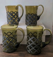 Felipe Derflingher Hand Blown Green Glass Brutalist Caged 6″ Tankards Mugs (4)