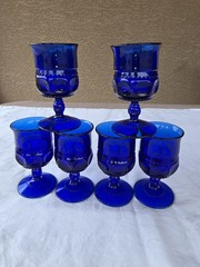 Vintage Indiana Glass Cobalt Blue Thumbprint/Kings Crown Goblets Set of 6 Mint