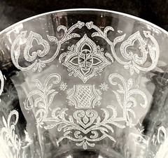 Vtg Tiffin Optic Glass Wine Goblet Etch Floral Lace Scroll Notch Stem RARE 8 1/4