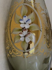 Vtg Venetian Green Decanter 6 Cordial Glasses 24K Gold trim Hand painted Flowers