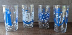 Vintage Libbey Blue and White Nautical Juice Glasses, 4.5″ Tall, Set of 4, Rare