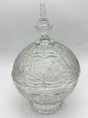 Vintage Footed Crystal Candy Dish w/Lid Frosted Floral Band 10″ x 6.5″ Zajecar