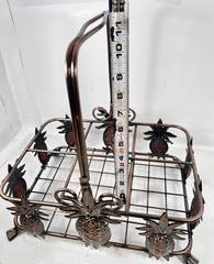 Vintage Metal Beverage 8 Glass Tumbler Holder Caddy Carrier Wood Handle