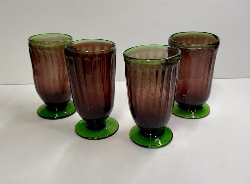 Set Of 4 Hand blown Purple Plum & Green Primitive Pedestal Bubble Glasses 5.75”