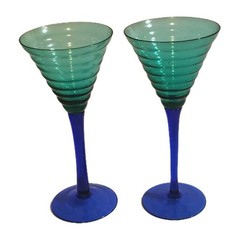 PIER 1 Ripple 4 Oz Wine/Cordial Glass BEE HIVE STYLE Teal With Cobalt Stem 9″
