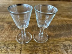 MCM Shot Glass Stem Glassware Silver Rim Set of 2 Vintage Liquor Cordial 3.5”