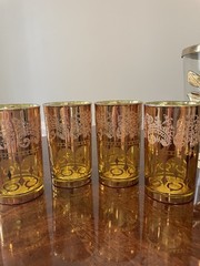 Vintage Crown Dynasty Amber Barware Gold Gilt Filigree Elaborate Design Set Of 4