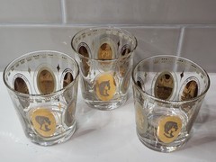 Vintage Set of 3 Gold Royal Ladies Portrait Cocktail Rocks Glasses Barware MCM