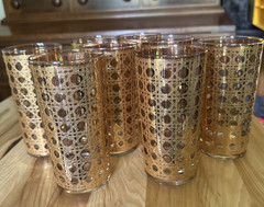 Vintage MCM Culver Canella 12oz High Ball 22k Gold Glasses 1960’s—Set of 8