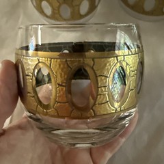Culver Piza Roly Poly Glasses Set 8 Gold MCM Barware w Antiqued Mirrored Tray
