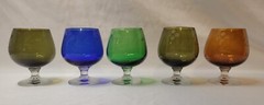 Set of 5 Cordial Shot Glasses Etched Glass Cherry Blossoms Mid Century Barware