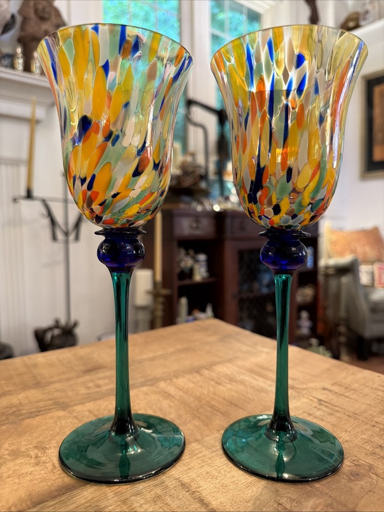 Pair Bohemian Czech Art Glass Spatter Confetti Wine Goblets 8.75” Cobalt Stem