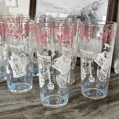 VTG 1950’s Hazel Atlas Kitchen Aids Tumbler Pink, Blue & White Glasses Set of 7