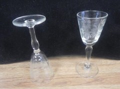 TWO VINTAGE CORDIAL GLASSES..BEVELED GLASS AND ETCHED FLOWERS..SHERRY CORDIALS