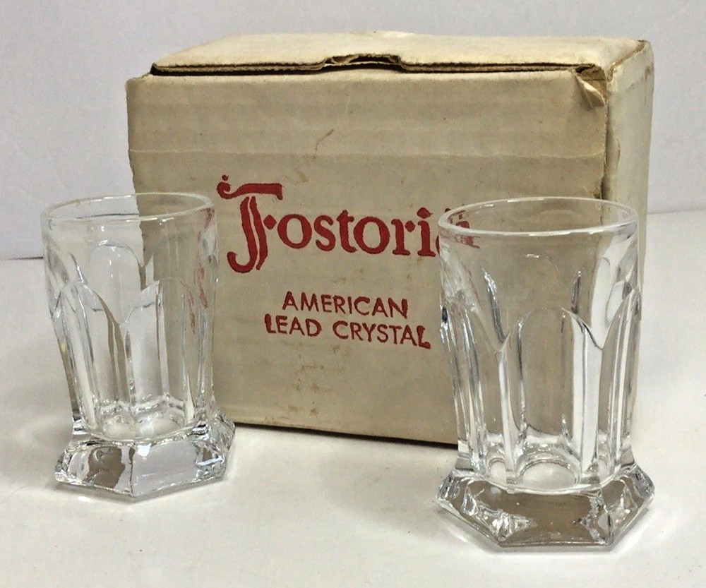 Rare 2 Fostoria Virginia Pattern 2 Oz Whiskey Shot Glasses Original Box