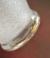 Four MCM Sugar Frosted Cooler Glasses with Gold Red / Blue Bands 6″