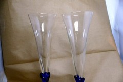2 COLONY Glasses Flutes Wine Champagne Amaryllis Stem Cobalt Blue 11.2″ tall set