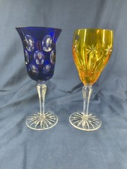 PAIR DESIGN GUILD BLUE AND AMBER CUT TO CLEAR 7.75 INCH WINE GLASSES
