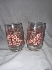Set of 2 Vintage 70s Mid Century Modern Juice Glasses with Red and White Floral