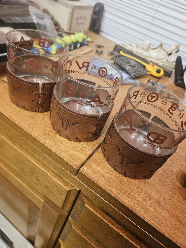 Bamco Libbey Vintage Western Leather Glasses- (3) Lot. 6 Ounce Each.