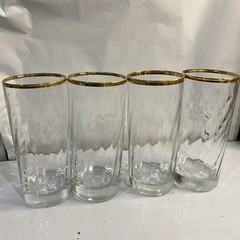 4 Clear Glass Tumbler Gold Rim Ribbed Swirl Weighted Bottom 6.5”. A49